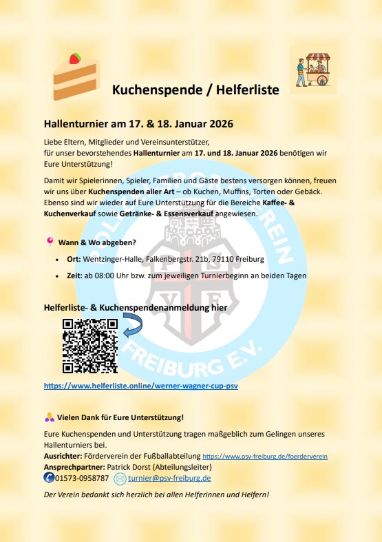 Mehr über den Artikel erfahren Kuchenspenden/Helfer_innen für unser Hallenturnier des PSV!